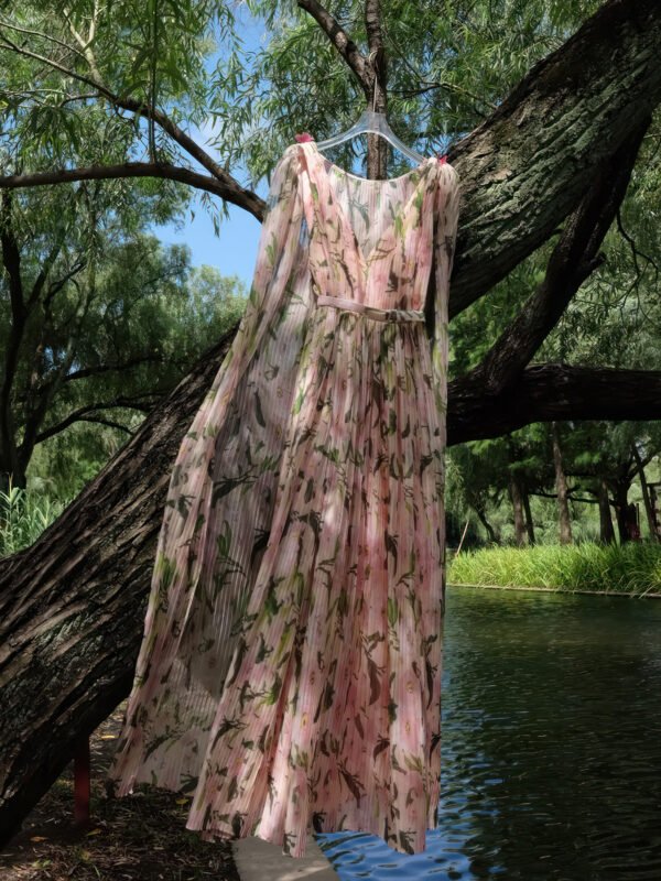Pleated Floral Chiffon Dress with Cape Sleeves and V-Neckline - Image 2