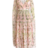 Pleated Floral Chiffon Dress with Cape Sleeves and V-Neckline