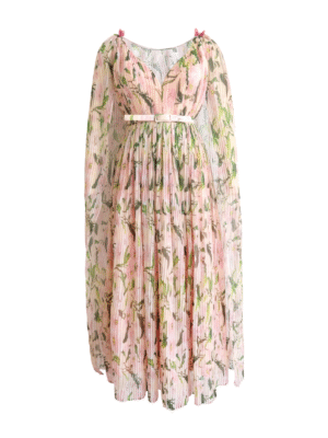 Pleated Floral Chiffon Dress with Cape Sleeves and V-Neckline