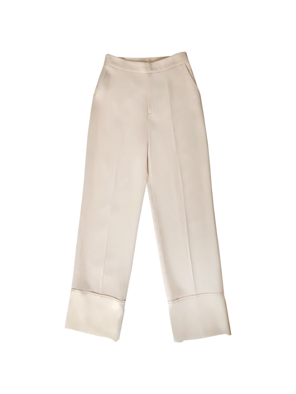 High-Waisted Wide-Leg Trousers with Oversized Cuffed Hem in Cream Satin