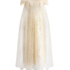 Strapless Layered Organza Gown with Shimmer Floral Embroidery in Champagne Gold