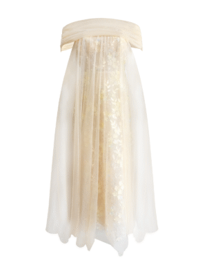 Strapless Layered Organza Gown with Shimmer Floral Embroidery in Champagne Gold