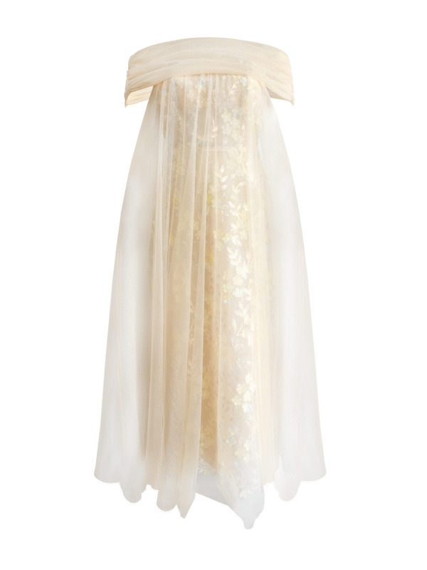 Strapless Layered Organza Gown with Shimmer Floral Embroidery in Champagne Gold