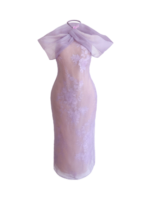 Lilac Sheer Embroidered Midi Dress with Organza Butterfly Cape Overlay