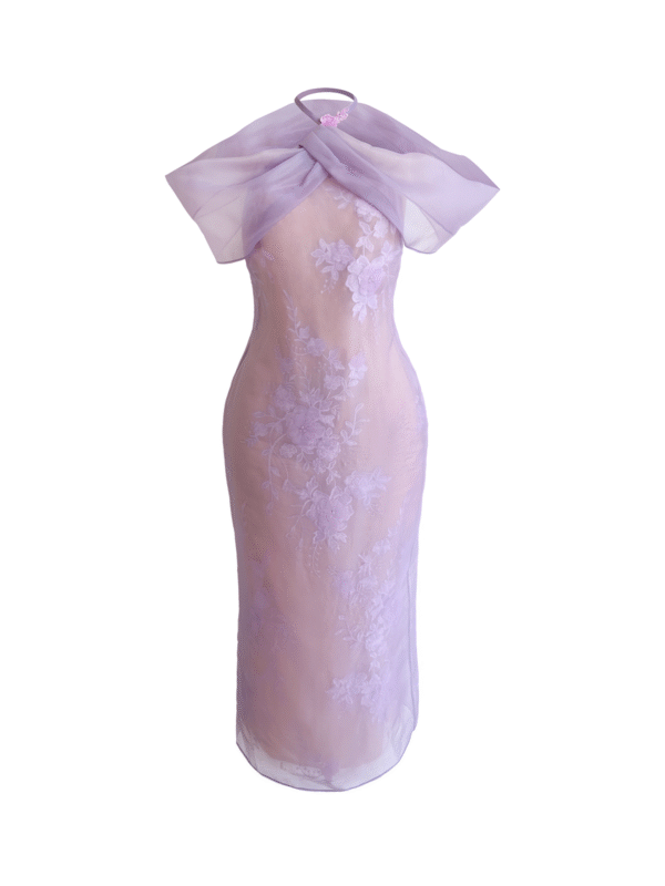 Lilac Sheer Embroidered Midi Dress with Organza Butterfly Cape Overlay