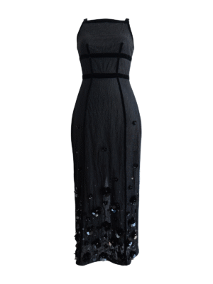 Black Fitted Sheer Midi Dress with Velvet Trim and Sequin Floral Embellishments