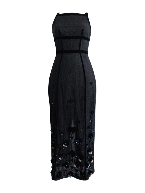 Black Fitted Sheer Midi Dress with Velvet Trim and Sequin Floral Embellishments