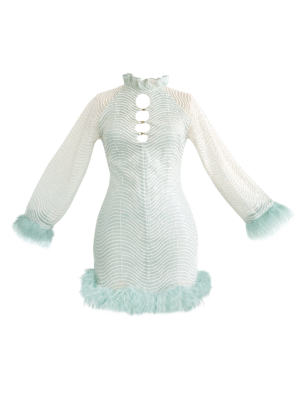 Sheer Bodycon Mini Dress with Front Cut-Outs and Feather Trim