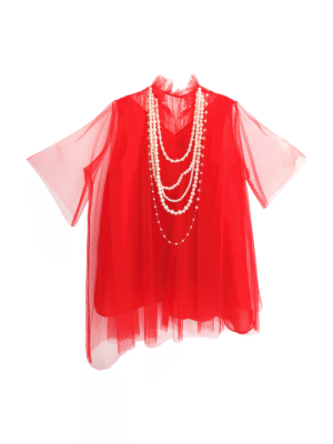 Oversized Pleated Red Tulle Top with Ruffled Neckline and Layered Pearl Necklace