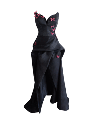 Strapless Black Satin Gown with 3D Butterfly Appliqués and Asymmetric Draping