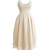 Cream A-Line Midi Dress with 3D Floral Appliqué and Spaghetti Straps