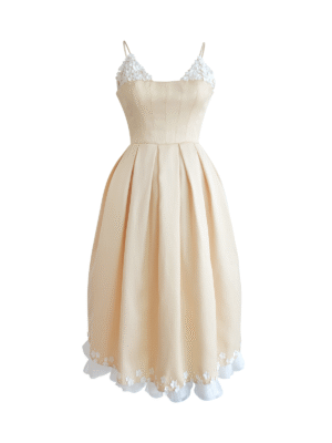 Cream A-Line Midi Dress with 3D Floral Appliqué and Spaghetti Straps