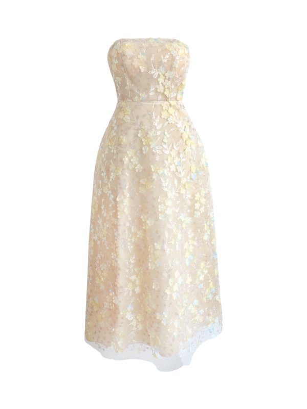 Strapless Layered Organza Gown with Shimmer Floral Embroidery in Champagne Gold - Image 5