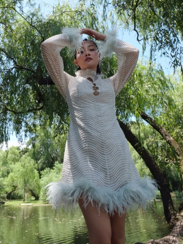 Sheer Bodycon Mini Dress with Front Cut-Outs and Feather Trim - Image 3