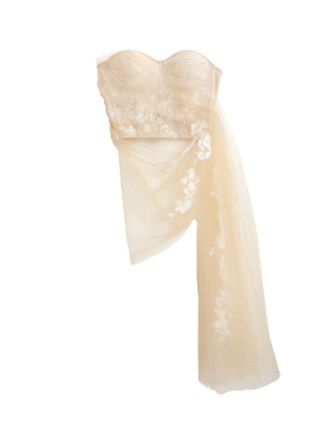 Strapless Nude Corset Top with Sheer Floral Embroidered Tulle Drape