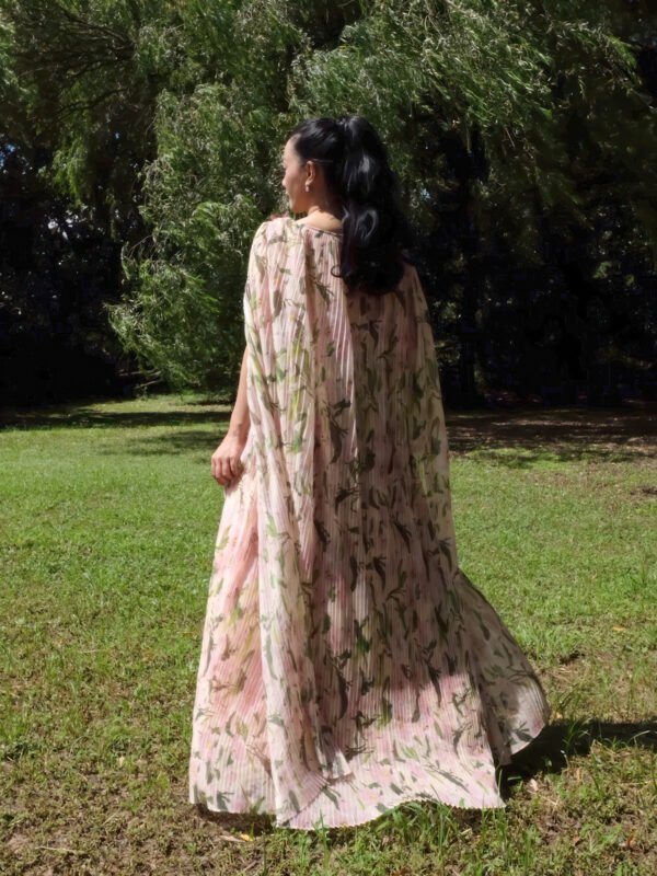 Pleated Floral Chiffon Dress with Cape Sleeves and V-Neckline - Image 4
