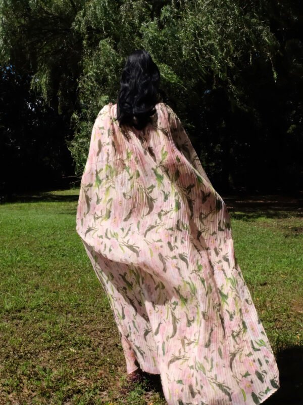 Pleated Floral Chiffon Dress with Cape Sleeves and V-Neckline - Image 5