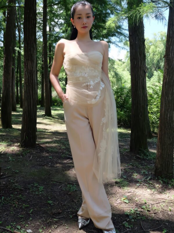 High-Waisted Wide-Leg Trousers with Oversized Cuffed Hem in Cream Satin - Image 3