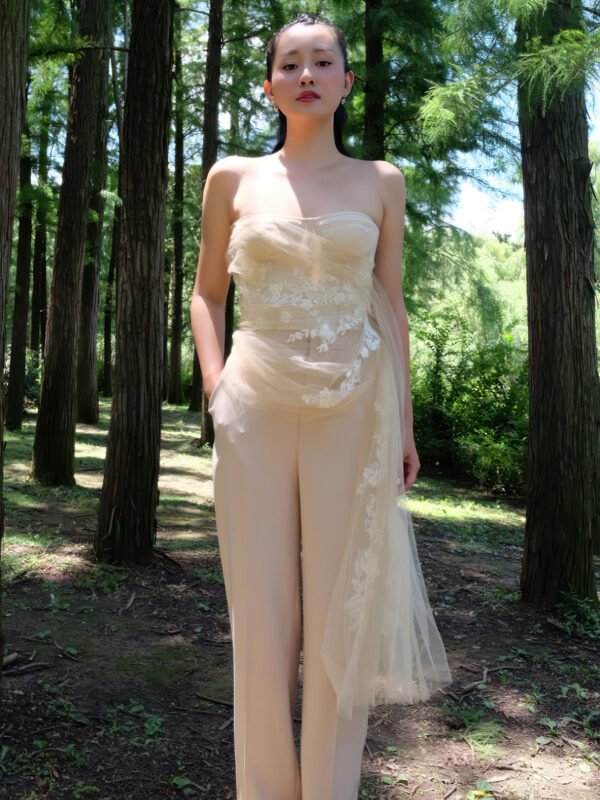 High-Waisted Wide-Leg Trousers with Oversized Cuffed Hem in Cream Satin - Image 2