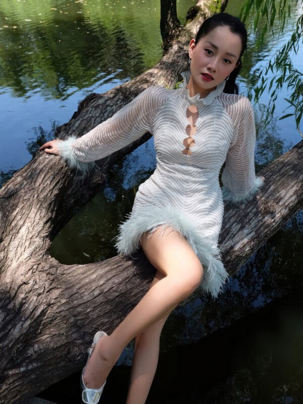 Sheer Bodycon Mini Dress with Front Cut-Outs and Feather Trim - Image 2