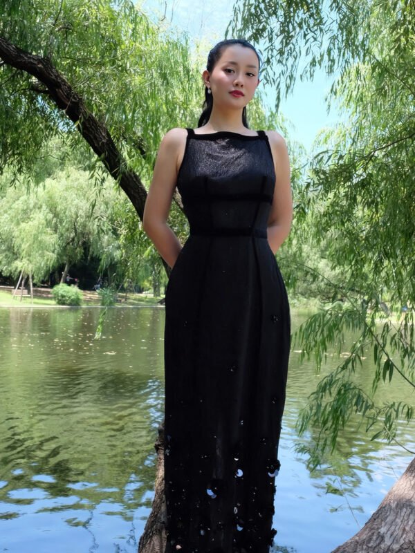Black Fitted Sheer Midi Dress with Velvet Trim and Sequin Floral Embellishments - Image 2