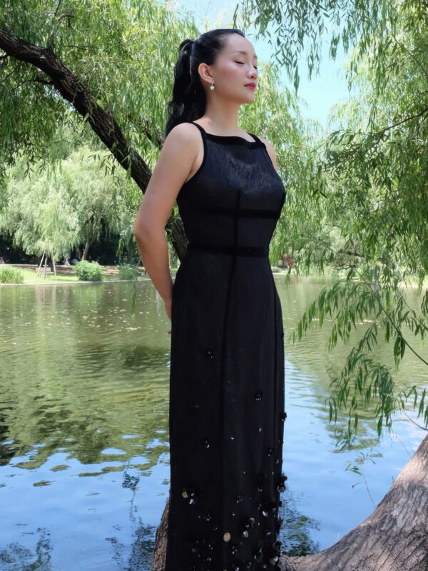 Black Fitted Sheer Midi Dress with Velvet Trim and Sequin Floral Embellishments - Image 3