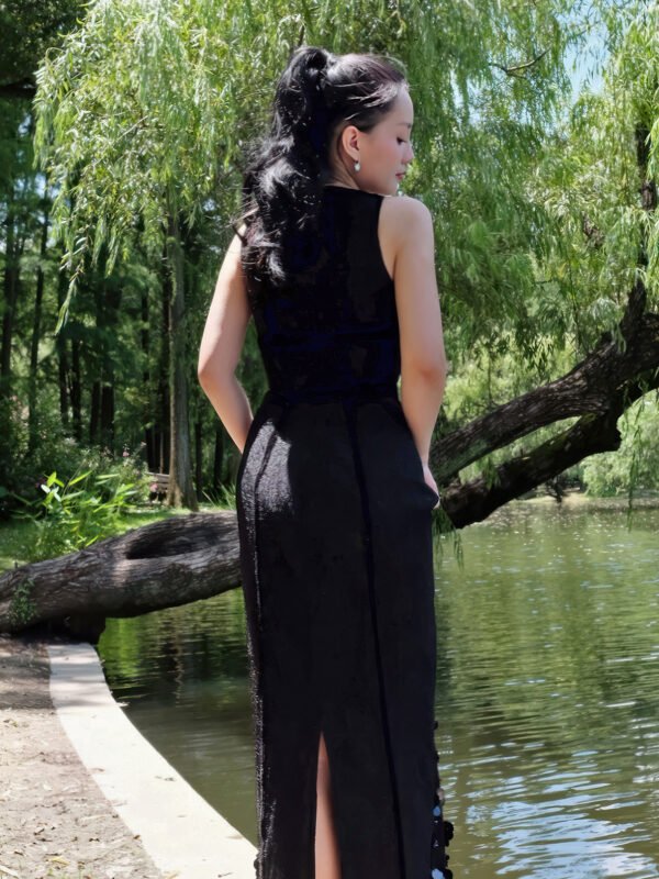 Black Fitted Sheer Midi Dress with Velvet Trim and Sequin Floral Embellishments - Image 4