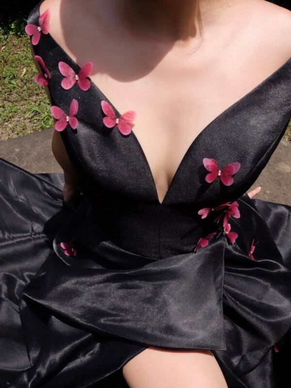 Strapless Black Satin Gown with 3D Butterfly Appliqués and Asymmetric Draping - Image 4