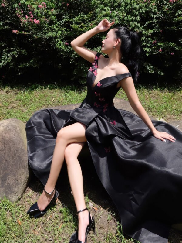 Strapless Black Satin Gown with 3D Butterfly Appliqués and Asymmetric Draping - Image 3