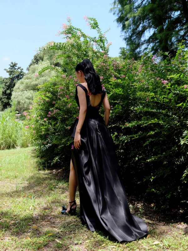 Strapless Black Satin Gown with 3D Butterfly Appliqués and Asymmetric Draping - Image 5