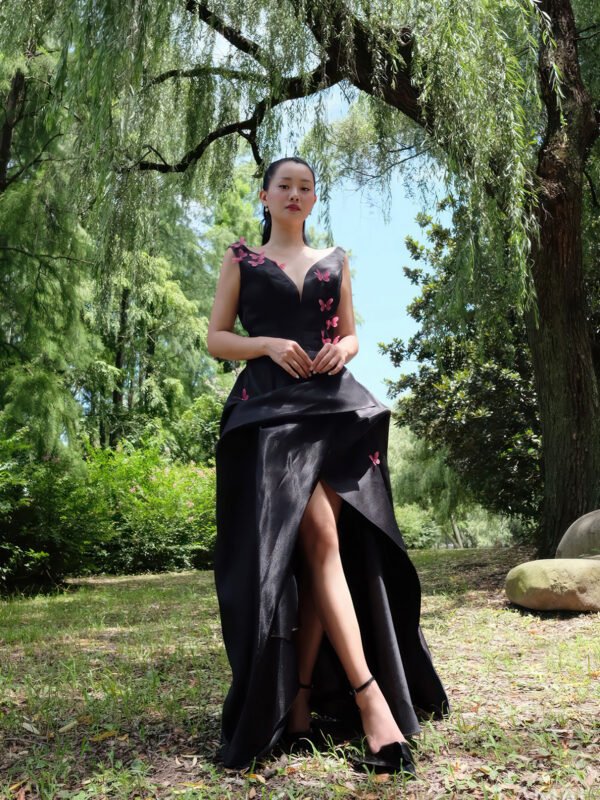 Strapless Black Satin Gown with 3D Butterfly Appliqués and Asymmetric Draping - Image 2