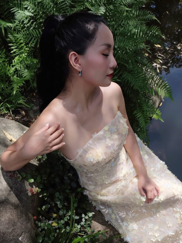 Strapless Layered Organza Gown with Shimmer Floral Embroidery in Champagne Gold - Image 8