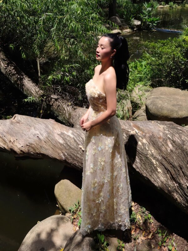 Strapless Layered Organza Gown with Shimmer Floral Embroidery in Champagne Gold - Image 9