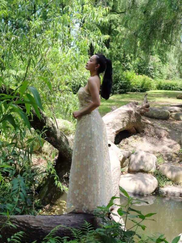 Strapless Layered Organza Gown with Shimmer Floral Embroidery in Champagne Gold - Image 7
