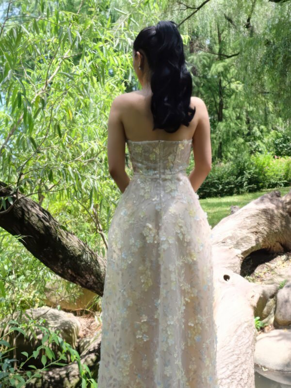 Strapless Layered Organza Gown with Shimmer Floral Embroidery in Champagne Gold - Image 6
