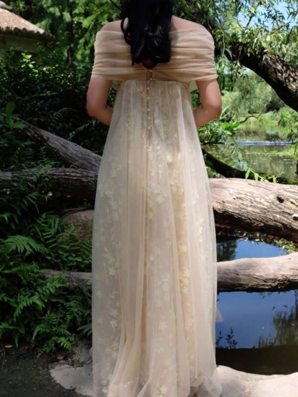 Strapless Layered Organza Gown with Shimmer Floral Embroidery in Champagne Gold - Image 4