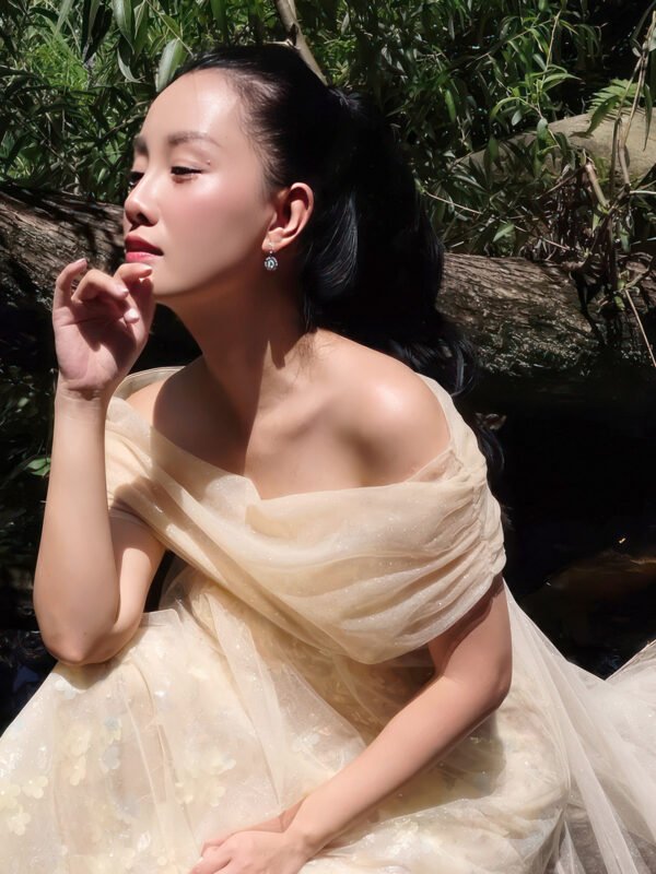 Strapless Layered Organza Gown with Shimmer Floral Embroidery in Champagne Gold - Image 3