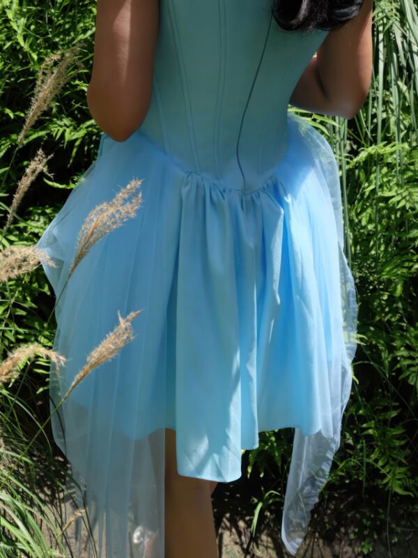 Asymmetric Off-Shoulder Tulle Dress in Light Blue - Image 4