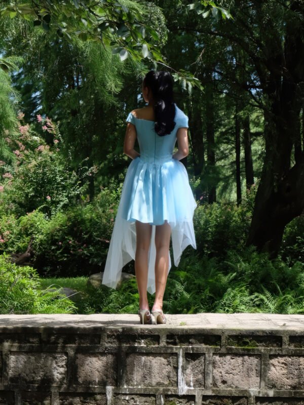 Asymmetric Off-Shoulder Tulle Dress in Light Blue - Image 5