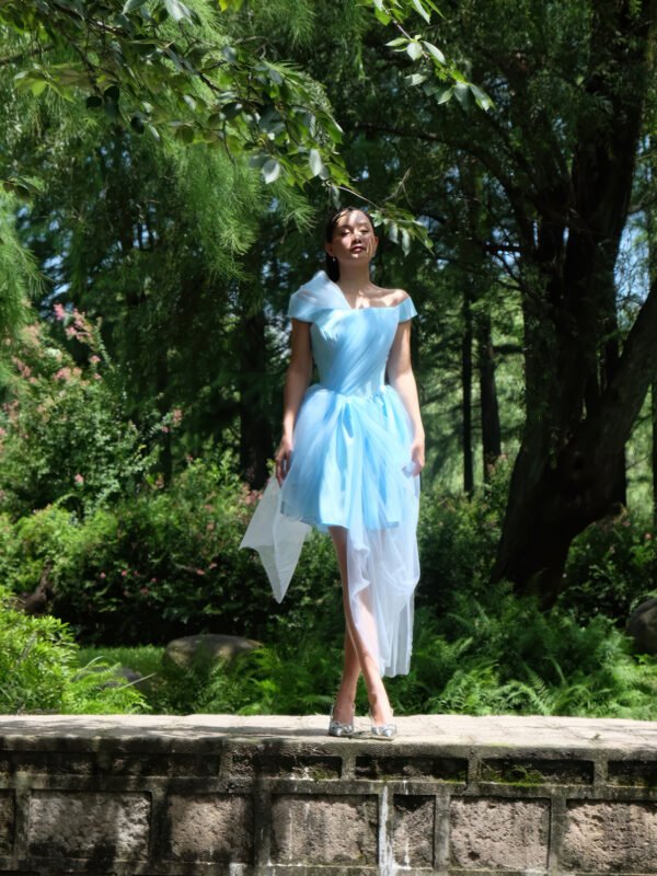 Asymmetric Off-Shoulder Tulle Dress in Light Blue - Image 2