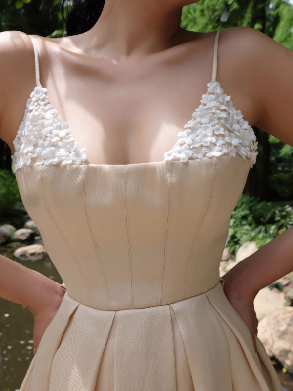 Cream A-Line Midi Dress with 3D Floral Appliqué and Spaghetti Straps - Image 3