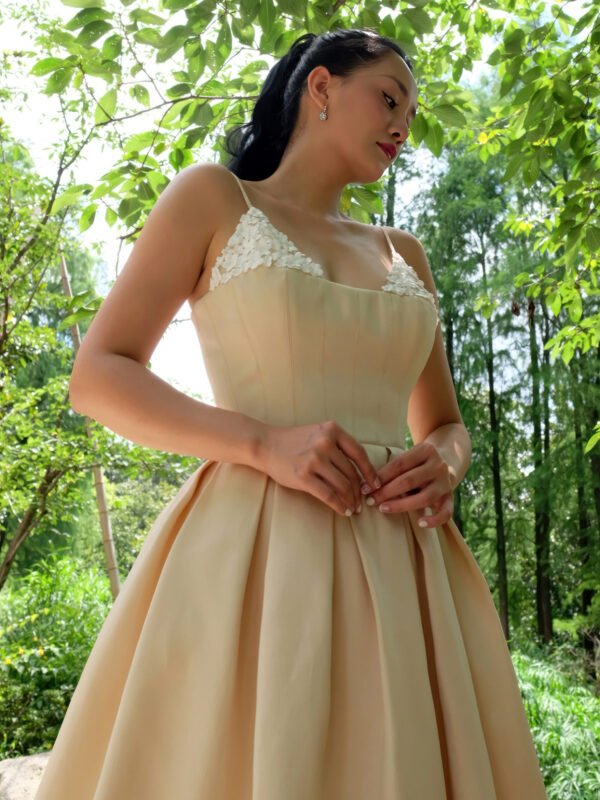 Cream A-Line Midi Dress with 3D Floral Appliqué and Spaghetti Straps - Image 4