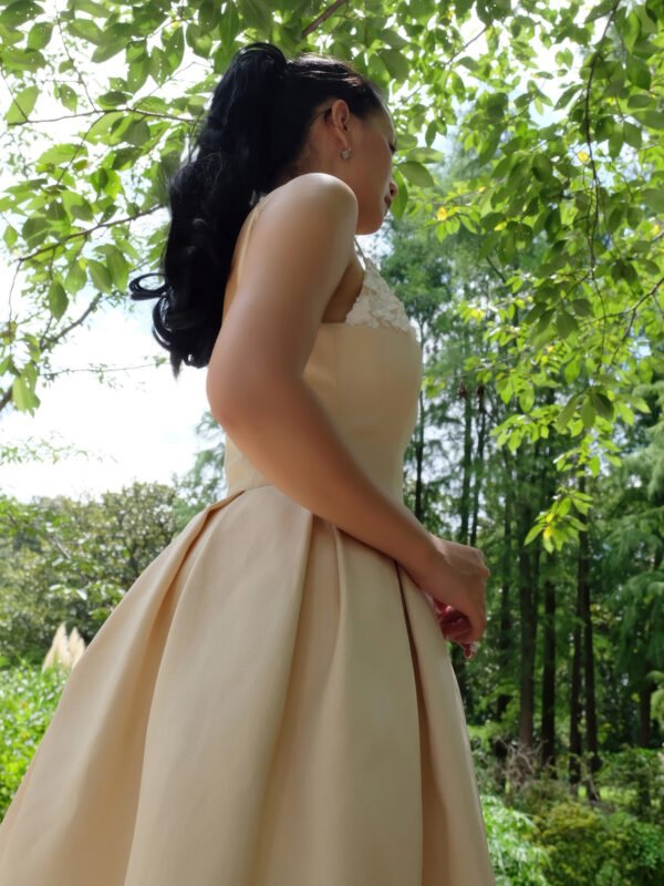 Cream A-Line Midi Dress with 3D Floral Appliqué and Spaghetti Straps - Image 5
