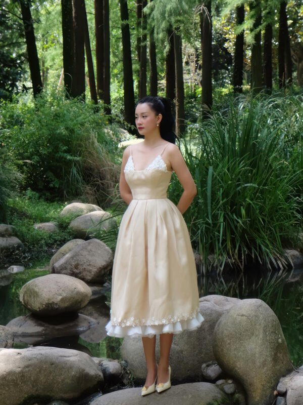 Cream A-Line Midi Dress with 3D Floral Appliqué and Spaghetti Straps - Image 2
