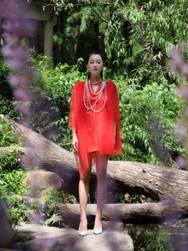 Oversized Pleated Red Tulle Top with Ruffled Neckline and Layered Pearl Necklace - Image 3