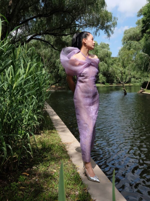 Lilac Sheer Embroidered Midi Dress with Organza Butterfly Cape Overlay - Image 3