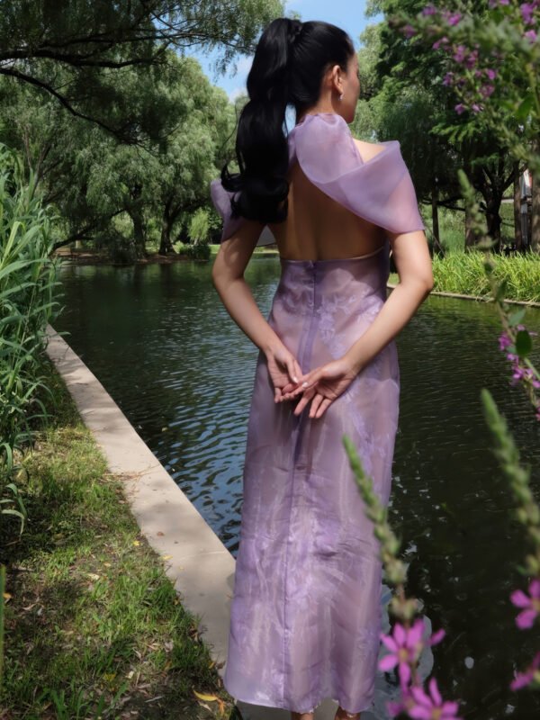 Lilac Sheer Embroidered Midi Dress with Organza Butterfly Cape Overlay - Image 4