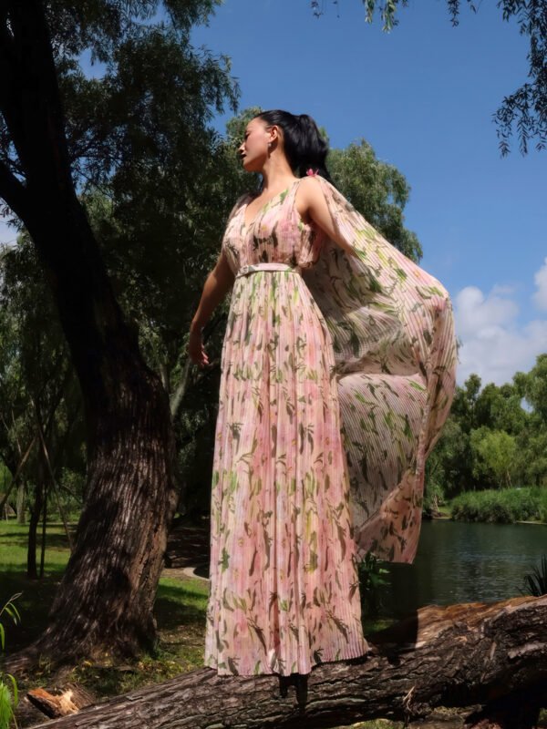 Pleated Floral Chiffon Dress with Cape Sleeves and V-Neckline - Image 3