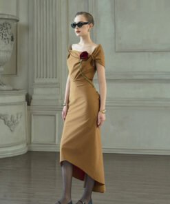Maeve Sheath Off-Shoulder Khaki Silk Midi Dress