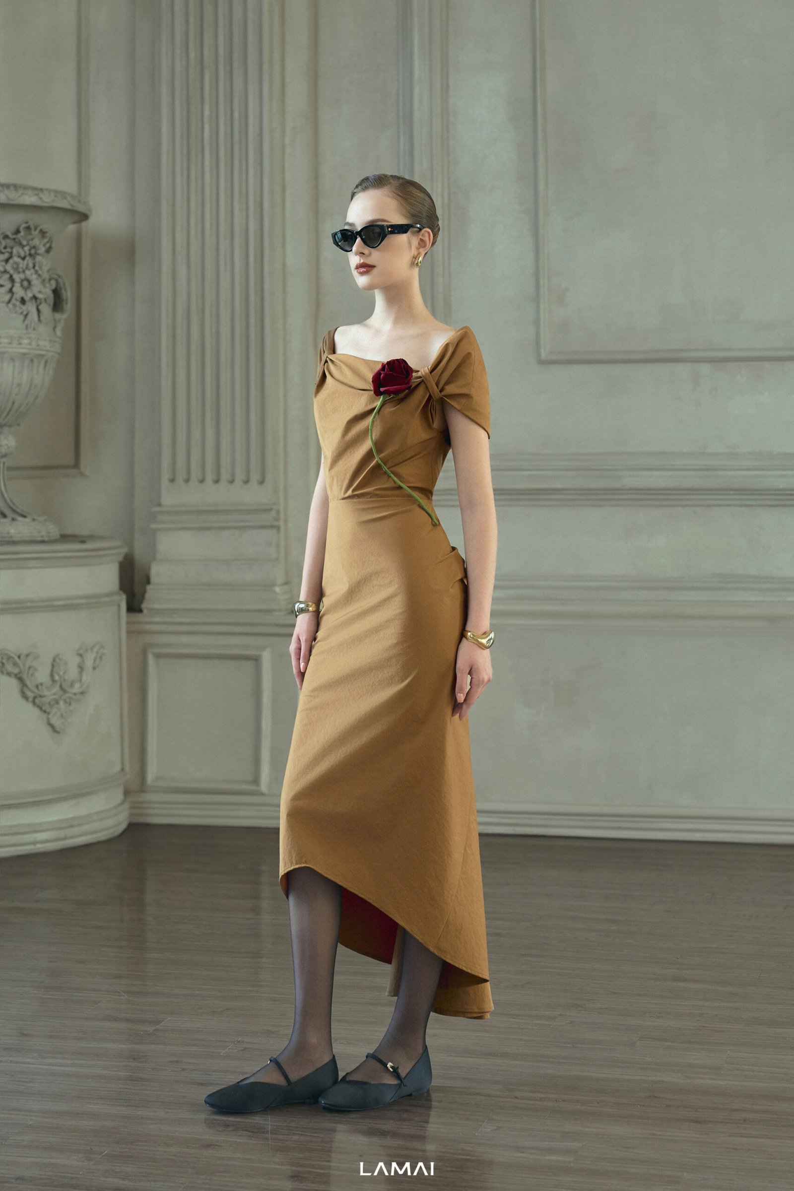 Maeve Sheath Off-Shoulder Khaki Silk Midi Dress